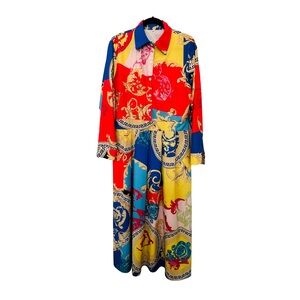 Colorful Baroque Print Midi Shirt Dress – Size 2XL – Bold Statement Piece
